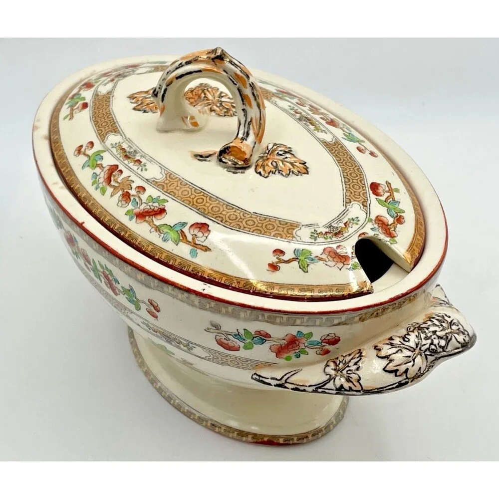 Rare Antique Copeland Indian Tree Tureen w/ Handles Spoon Notch 8x5x4
